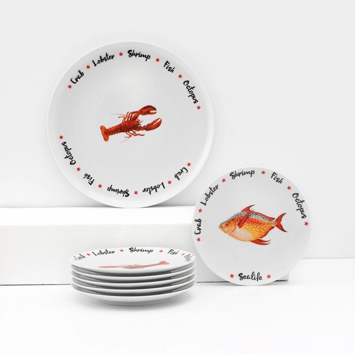 Набор фарфоровых тарелок для пиццы Sealife, 7 предметов, рисунок МИКС от компании Интернет - магазин Flap - фото 1