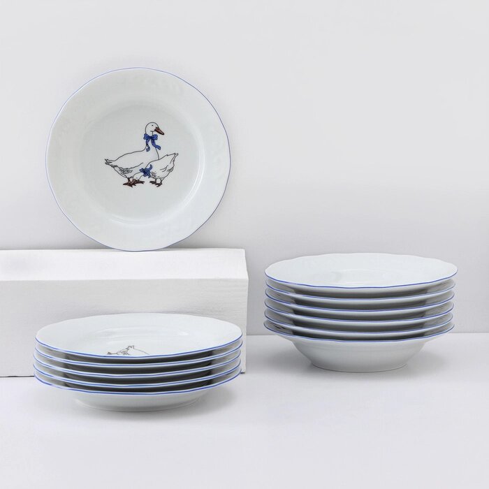 Набор фарфоровых тарелок «Гуси», 12 предметов: 6 супниц 350 мл, 6 плоских тарелок d=20 см, МИКС от компании Интернет - магазин Flap - фото 1