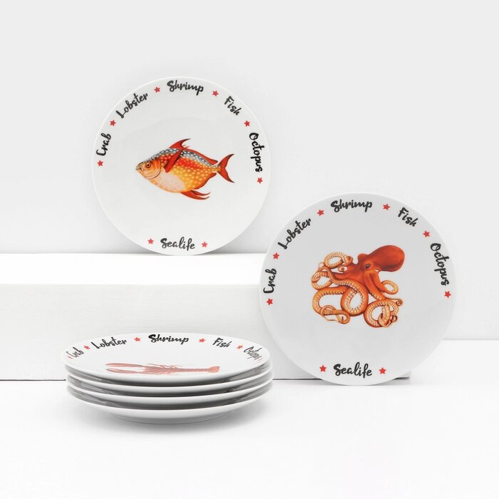 Набор фарфоровых тарелок Sealife, 6 предметов, рисунок МИКС от компании Интернет - магазин Flap - фото 1