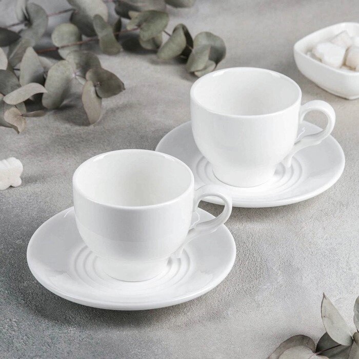 Набор фарфоровый чайный, 4 предмета: чашка 220 мл, 2 блюдца d=14 см, цвет белый от компании Интернет - магазин Flap - фото 1