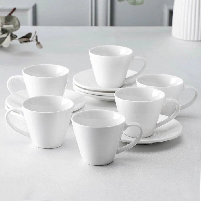 Набор фарфоровый чайный на 6 персон Wilmax, 12 предметов: 6 чашек 180 мл, 6 блюдец d=14 см, цвет белый от компании Интернет - магазин Flap - фото 1