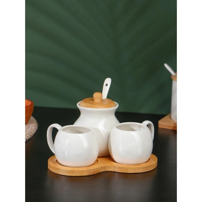 Набор фарфоровый чайный на бамбуковой подставке BellaTenero, 4 предмета: 2 чашки 100 мл, сахарница с ложкой 240 мл, от компании Интернет - магазин Flap - фото 1