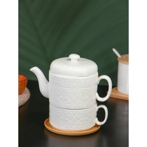 Набор фарфоровый чайный на бамбуковой подставке BellaTenero «Орнамент», 2 предмета: чайник 400 мл, кружка 280 мл, цвет