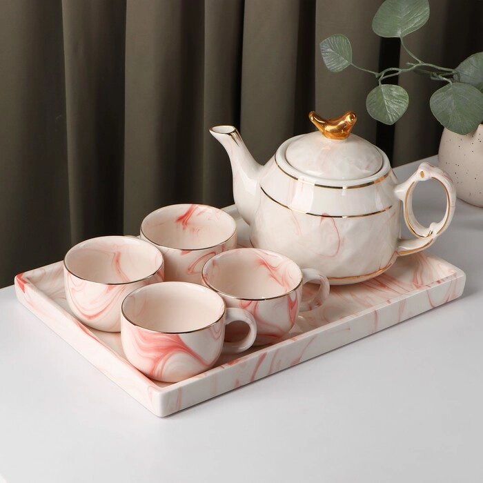 Набор керамический чайный «Мрамор», 6 предметов: чайник 800 мл, 4 кружки 170 мл, поднос 31212,5 см, цвет розовый от компании Интернет - магазин Flap - фото 1