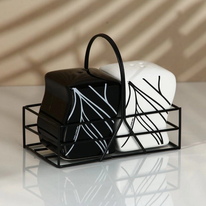 Набор керамический для специй на металлической подставке «Линии», 2 шт, цвет белый-чёрный от компании Интернет - магазин Flap - фото 1