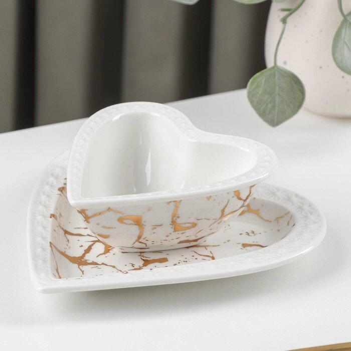 Набор керамический столовый «Марбл», 2 предмета: салатник 150 мл, блюдо 16,5172 см, цвет белый от компании Интернет - магазин Flap - фото 1