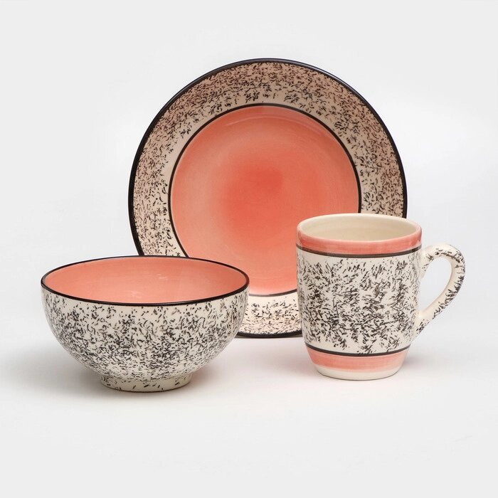 Набор керамической посуды "Алладин", 3 предмета: салатник 700 мл, тарелка 20 см, кружка 350 мл, розовый, 1 сорт, Иран от компании Интернет - магазин Flap - фото 1
