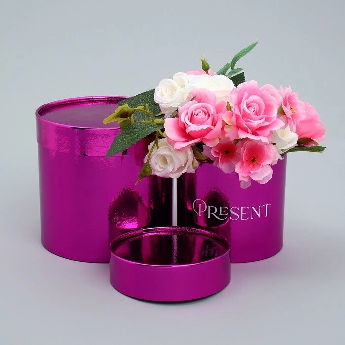 Набор коробок 2 в 1 круглые, упаковка подарочная, «Present», розовый металлик, 12 х 12, 15 х 15 см от компании Интернет - магазин Flap - фото 1