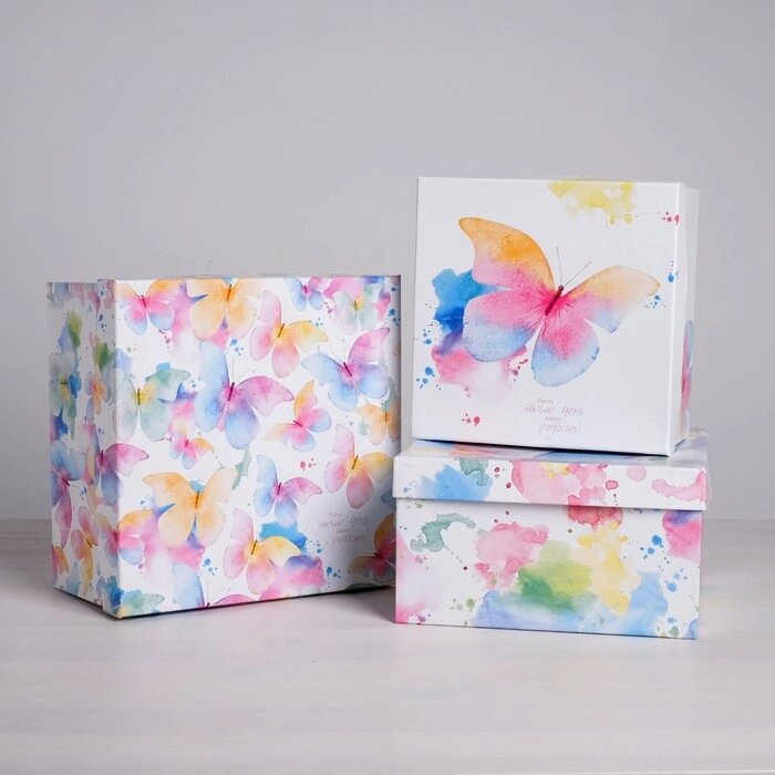 Набор коробок 3 в 1, упаковка подарочная, «Акварельные бабочки», 18 х 18 х 10 - 22 х 22 х 12 см от компании Интернет - магазин Flap - фото 1
