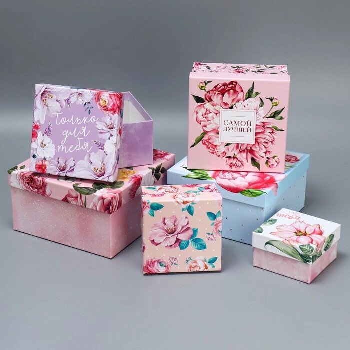 Набор коробок 6 в 1, упаковка подарочная, «Цветы», 10.2 х 10.2 х 6 - 20 х 20 х 11 см от компании Интернет - магазин Flap - фото 1
