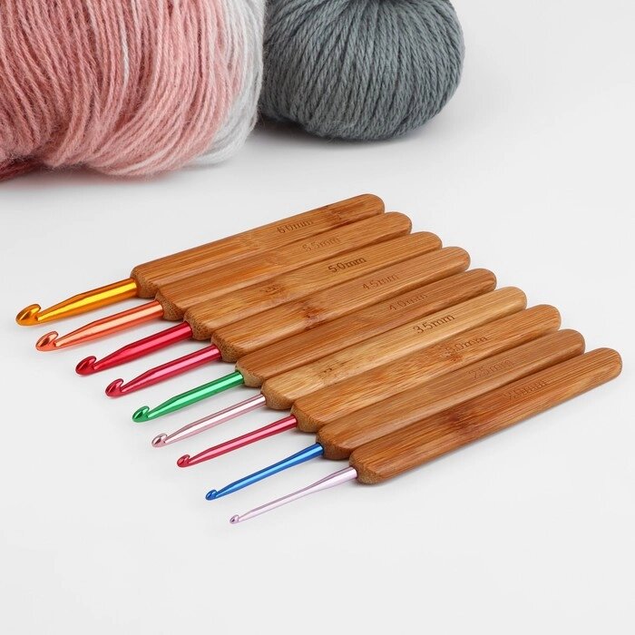 Набор крючков для вязания, с бамбуковыми ручками, d = 2-6 мм, 13,5 см, 9 шт от компании Интернет - магазин Flap - фото 1