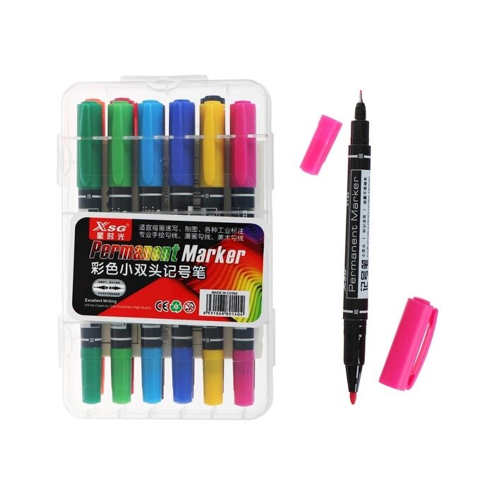 Набор маркеров перманентных 12 цветов двусторонних 0,5 мм / 1,0 мм в пластиковом пенале от компании Интернет - магазин Flap - фото 1