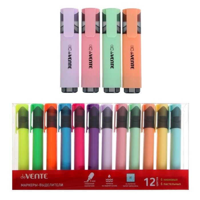 Набор маркеров текстовыделителей 12 цветов, 5,0 мм, deVENTE (6 неоновых и 6 пастельных цветов), на поддоне в от компании Интернет - магазин Flap - фото 1