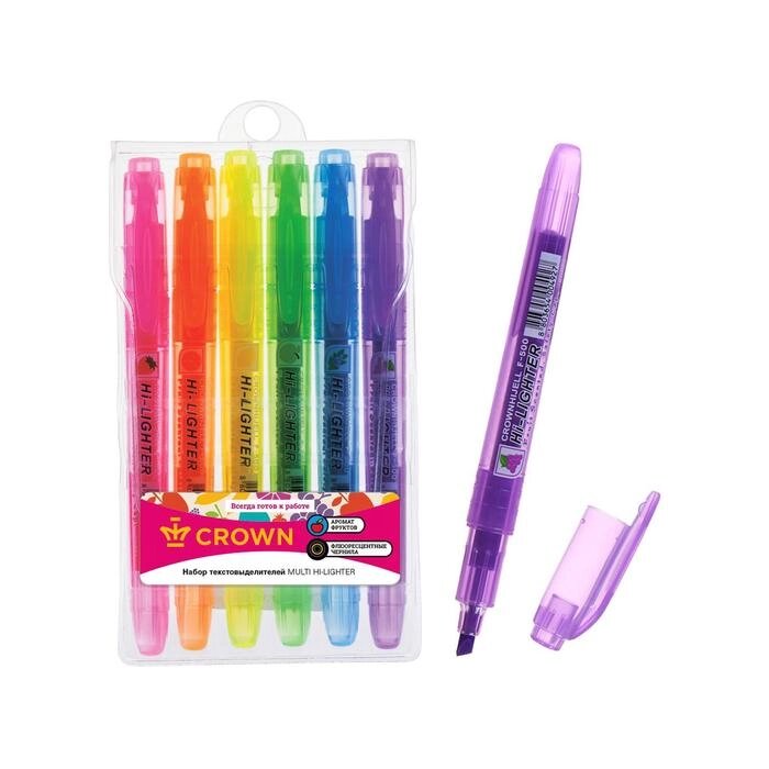 Набор маркеров текстовыделителей 6 цветов 1-4 мм, Crown "Multi Hi-Lighter Aroma", ароматизированные, чехол от компании Интернет - магазин Flap - фото 1