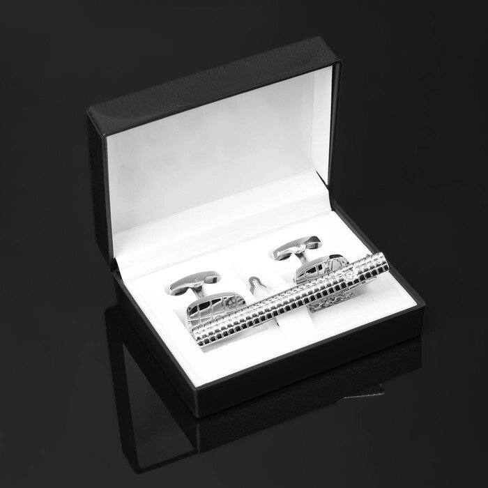 Набор мужской «Запонки + Зажим для галстука» клетки, цвет белый в серебре от компании Интернет - магазин Flap - фото 1