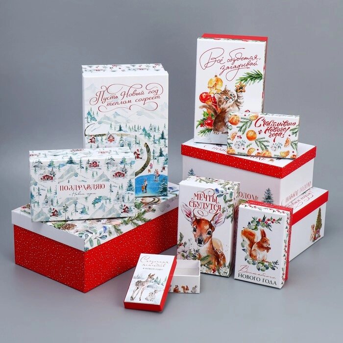 Набор подарочных коробок 10 в 1 «Новогодняя акварель», 12 х 7 х 4 - 32.5  20  12.5 см от компании Интернет - магазин Flap - фото 1