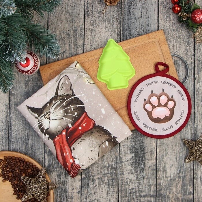 Набор подарочный Этель "Снежный кот": кух. полотенце 40х73см, прихватка 17х17см; хлопок 100%, от компании Интернет - магазин Flap - фото 1
