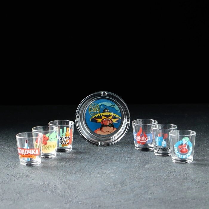 Набор подарочный «Крепкие напитки», стеклянный, 7 предметов: стопка 70 мл, пепельница от компании Интернет - магазин Flap - фото 1