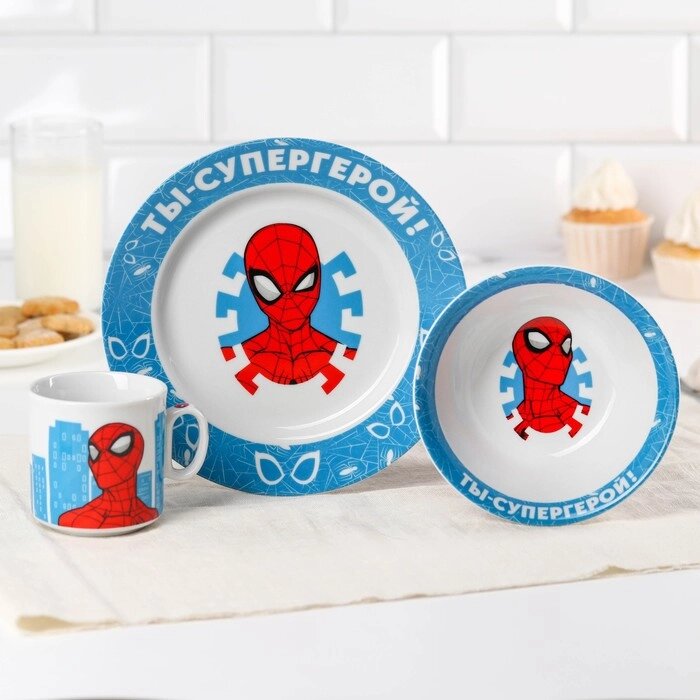 Набор посуды, 3 предмета: тарелка Ø 16,5 см, миска Ø 14 см, кружка 250 мл, "Ты - супергерой", Человек-паук от компании Интернет - магазин Flap - фото 1