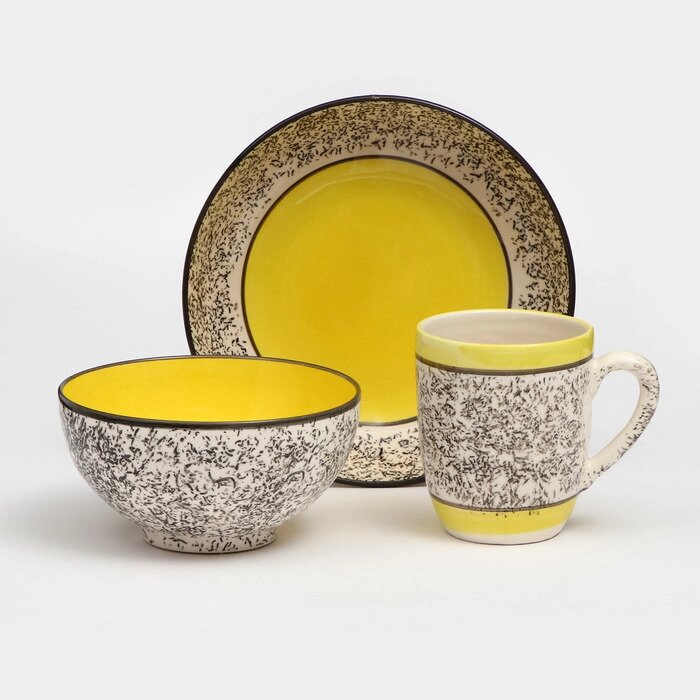Набор посуды "Алладин", керамика, желтый, 3 предмета: салатник 700 мл, тарелка 20 см, кружка 350 мл, 1 сорт, Иран от компании Интернет - магазин Flap - фото 1