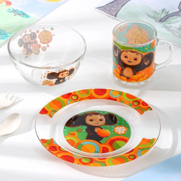 Набор посуды «Чебурашка», 3 предмета: тарелка, миска, кружка, в подарочной упаковке, стекло от компании Интернет - магазин Flap - фото 1