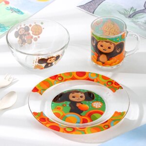 Набор посуды «Чебурашка», 3 предмета: тарелка, миска, кружка, в подарочной упаковке, стекло