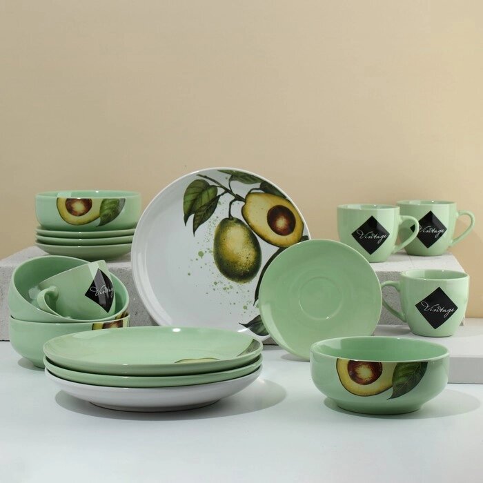 Набор посуды из керамики на 4 персоны «Авокадо», 16 предметов: 4 тарелки 23 см, 4 миски 14.5 см, 4 кружки 250 мл, 4 от компании Интернет - магазин Flap - фото 1