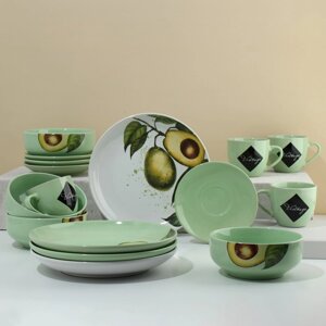 Набор посуды из керамики на 4 персоны «Авокадо», 16 предметов: 4 тарелки 23 см, 4 миски 14.5 см, 4 кружки 250 мл, 4