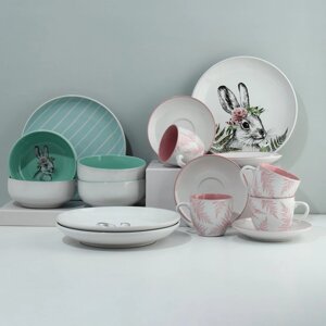 Набор посуды на 4 персоны «Пасха. Лесные персонажи», 16 предметов: 4 тарелки 23 см, 4 миски 14.5 см, 4 кружки 250 мл, 4