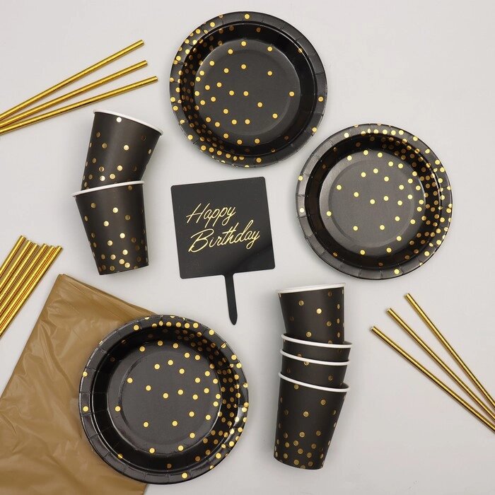 Набор посуды «С днём рождения», конфетти, цвет чёрно-золотой от компании Интернет - магазин Flap - фото 1