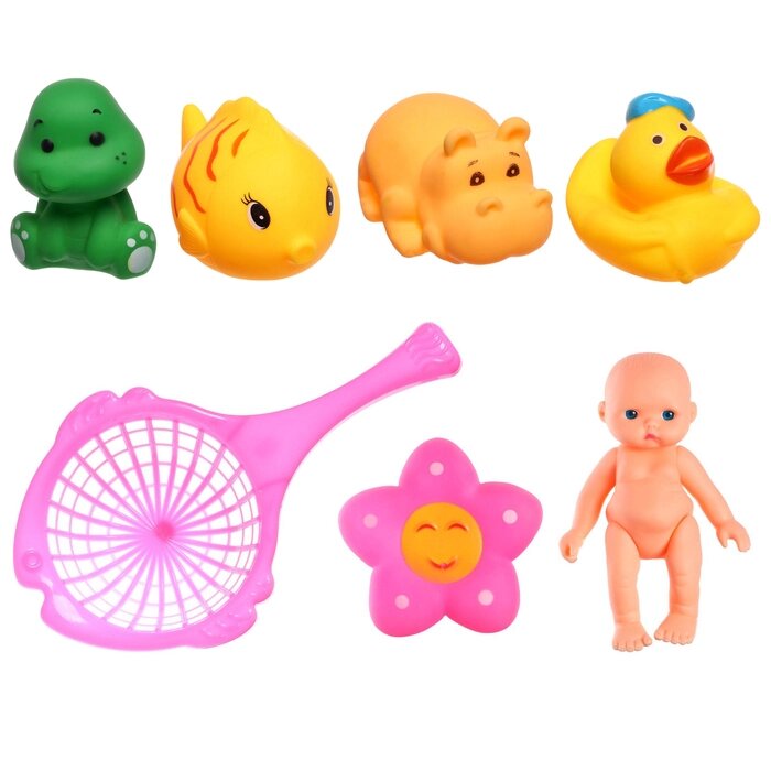 Набор резиновых игрушек для ванны «Игры с пупсиком», 7 шт, сачок, Крошка Я от компании Интернет - магазин Flap - фото 1