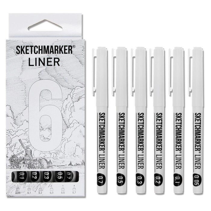 Набор ручек капиллярных Sketchmarker, 6 штук: 0.05, 0.1, 0.2, 0.3, 0.5, 0.7, черный от компании Интернет - магазин Flap - фото 1