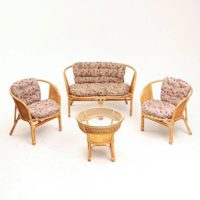 Набор садовой мебели Bahama Wicker: 2 кресла, диван, стол, ротанг светлый, подушки с узором от компании Интернет - магазин Flap - фото 1