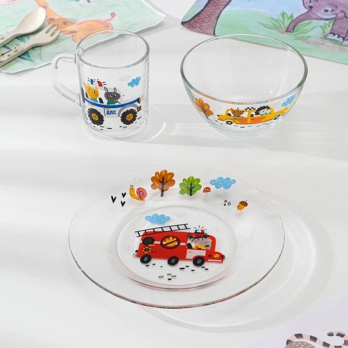 Набор стеклянной детской посуды «Спецтехника», 3 предмета от компании Интернет - магазин Flap - фото 1