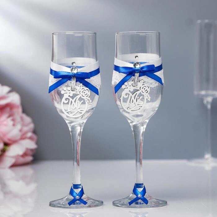Набор свадебных бокалов "Романтика", ручной работы, синий-серебро, 6х6х20,5 см от компании Интернет - магазин Flap - фото 1