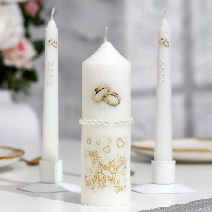 Набор свадебных свечей с бусинами "Обручальные кольца", белый, ручная работа, микс от компании Интернет - магазин Flap - фото 1