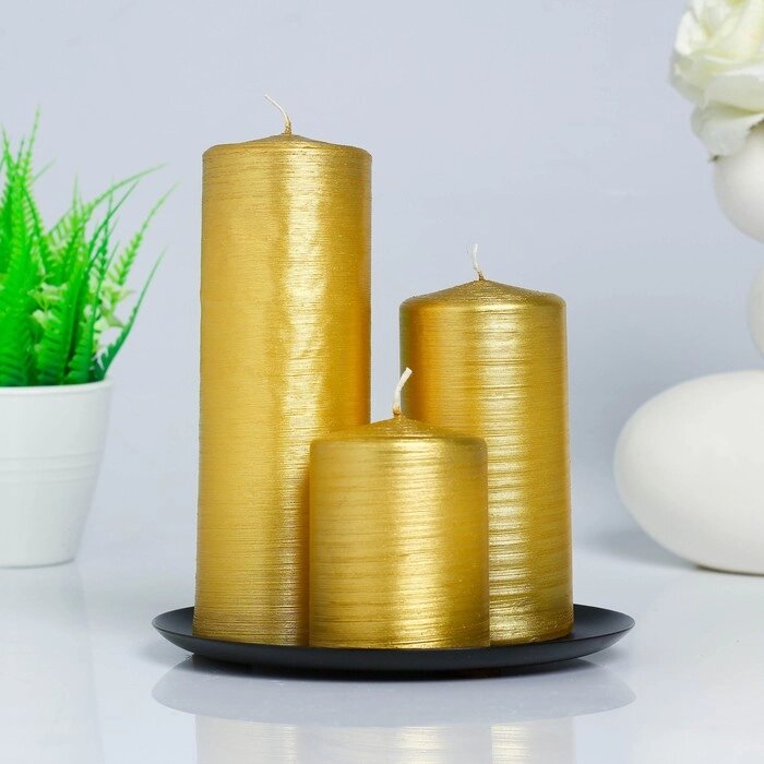 Набор свечей-цилиндров на подставке "Интерьерный", 3 шт, золотой от компании Интернет - магазин Flap - фото 1