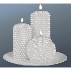 Набор свечей фигурных "жемчужный"4 в 1), с подсвечником, цилиндры, шар, белый (в коробке)