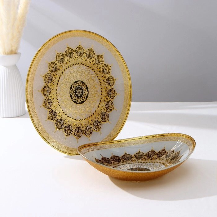 Набор тарелок «Мехенди», 2 предмета: 29*25 см и 33*28 см, цвет бежевый с чёрным и золотым, стекло от компании Интернет - магазин Flap - фото 1