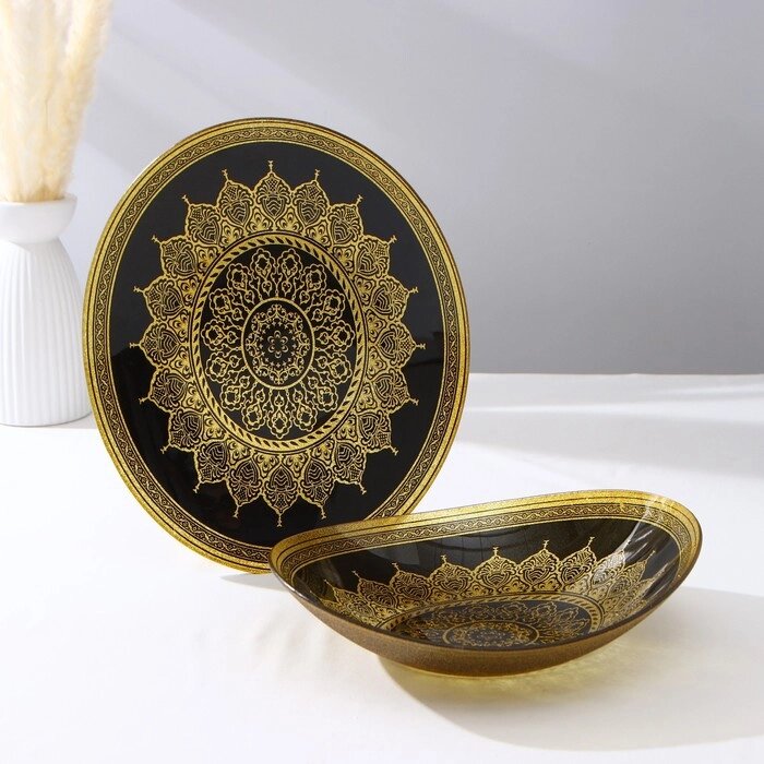 Набор тарелок «Мехенди», 2 предмета: d=28,5 см, d=30.5 см, цвет золотой с чёрным, стекло от компании Интернет - магазин Flap - фото 1