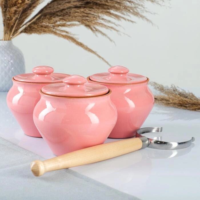 Набор "Вятская керамика Трио" 0,6 л х 3 шт + ухват, розовый от компании Интернет - магазин Flap - фото 1
