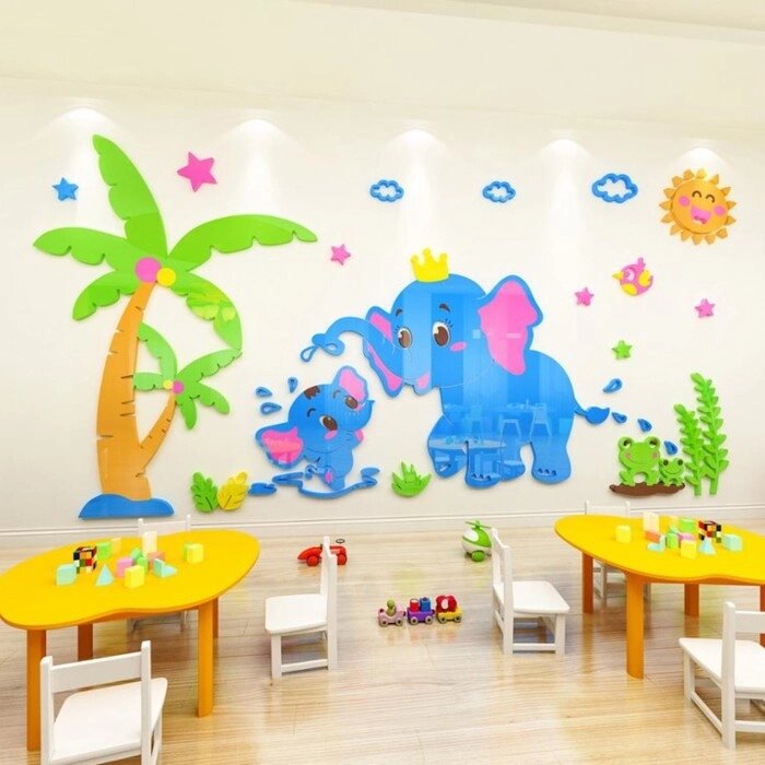 Наклейки интерьерные "Слонята", детские, декор на стену, панно 150 х 75 см от компании Интернет - магазин Flap - фото 1