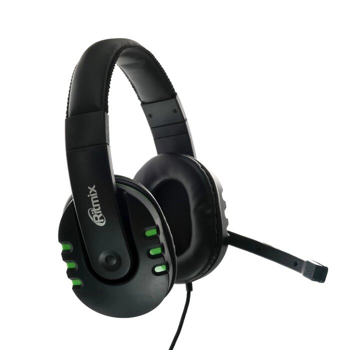 Наушники Ritmix RH-555M Gaming, игровые, полноразмерные, микрофон, 3.5мм, 1.8м, черно/зелен от компании Интернет - магазин Flap - фото 1