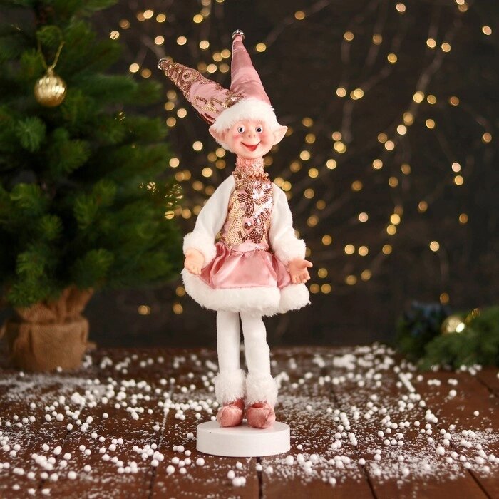 Новогодний шут "В платье с пайетками и мехом" 30 см, розово-белый от компании Интернет - магазин Flap - фото 1