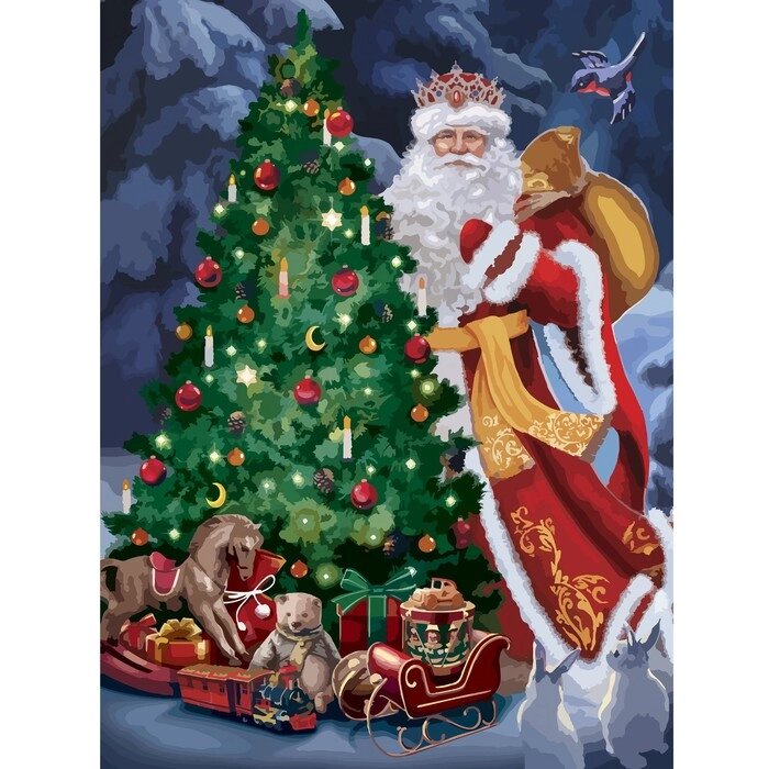 Новогодняя алмазная мозаика с частичным заполнением на холсте «Новый год. Дед Мороз у елки», 20 х 30 см от компании Интернет - магазин Flap - фото 1