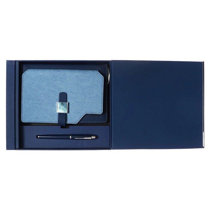 Органайзер на кольцах А6+, 80 листов, кожзам, c хлястиком, линия, с ручкой, в подарочной коробке, синий от компании Интернет - магазин Flap - фото 1