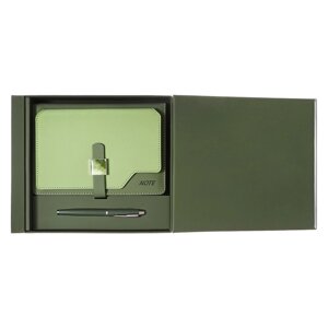 Органайзер на кольцах А6+80 листов, кожзам, c хлястиком, линия, с ручкой, в подарочной коробке, зеленый