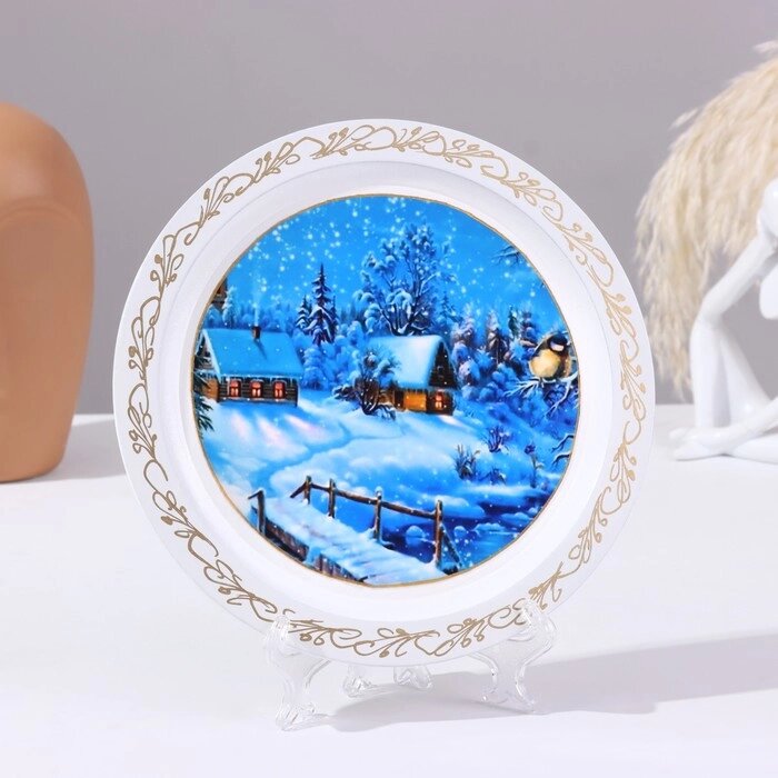 Панно-тарелка «Зима», белая, D = 20 см, лаковая миниатюра от компании Интернет - магазин Flap - фото 1