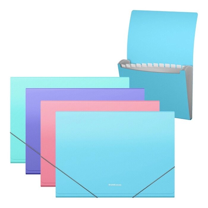 Папка-картотека, А4, 12 отделений, 600 мкм, ErichKrause "Diagonal Pastel", на резинке, тиснение, микс от компании Интернет - магазин Flap - фото 1