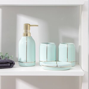 Набор аксессуаров для ванной комнаты «Лайн», 4 предмета (дозатор 400 мл, мыльница, 2 стакана), цвет зелёный